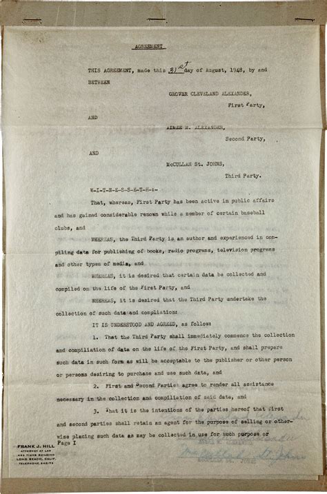 Lot Detail - 1948 Grover Cleveland Alexander Signed Book Contract with ...