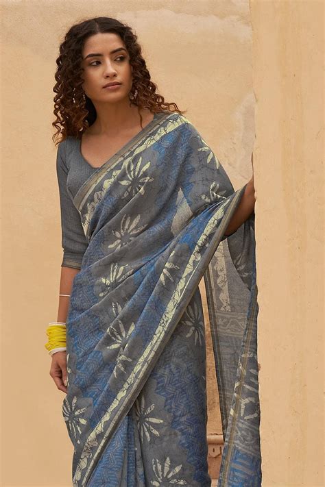 Buy Air Force Blue Linen Saree online-Karagiri