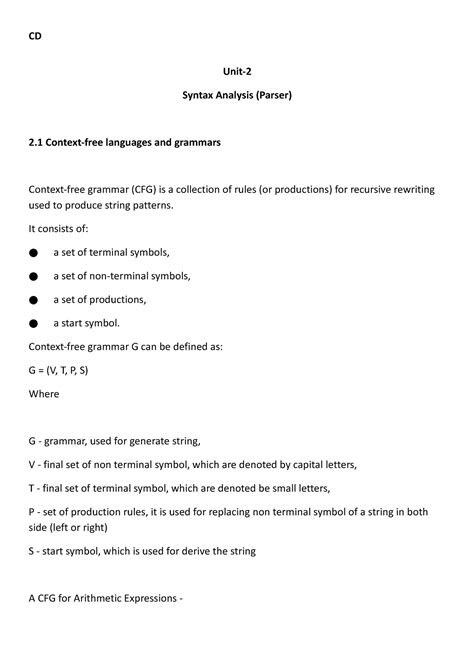 CD unit 2 - Module 2 Lecture: 9 hrs. Syntax Analysis (Parser): Context ...