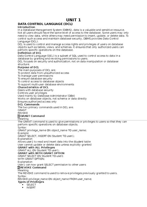 UNIT 1 - Data Control Language (DCL) Overview and Functions - Studocu