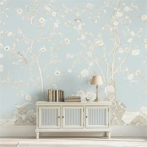 Mint Blossom Vintage Chinoiserie Wallpaper, Light Blue | Life n Colors