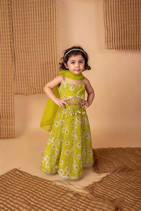 Green Floral Silk Ghaghra – Lil Angels