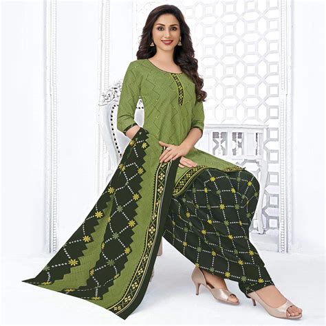 Olive Green Printed Pure Cotton Stitched Patiala Suit