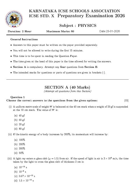 KISA ICSE Physics Std. X Preparatory Exam 2026 Question Paper - Studocu