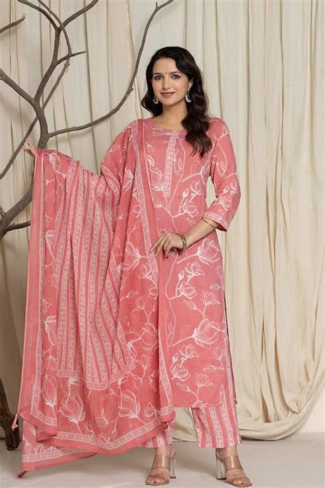 Elegant Pink Floral Cotton Suit Set - Kurti, Pant & Dupatta – Label Flavia