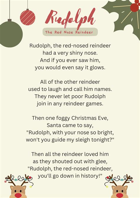 Rudolph The Red Nosed Reindeer Song Lyrics Printable - Free Printable ...
