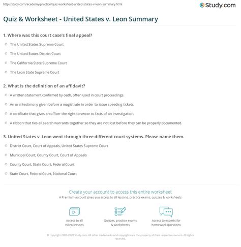 Quiz & Worksheet - United States v. Leon Summary | Study.com