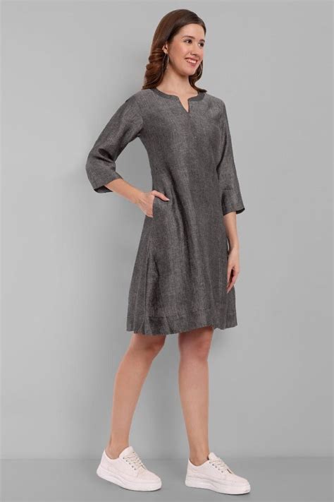 Women's Gray Cotton Linen knee Length A line Dress with Lining | Rang ...