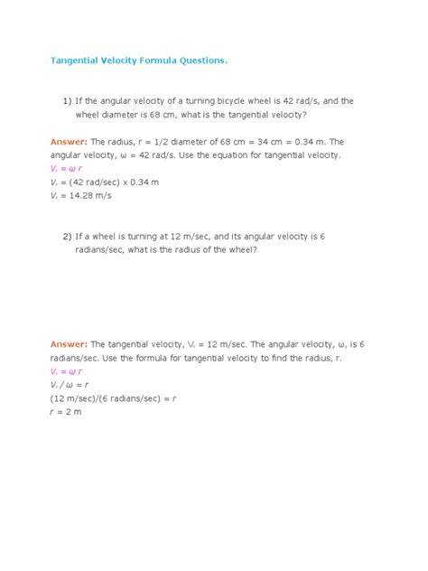 Tangential Velocity Formula Questions | PDF