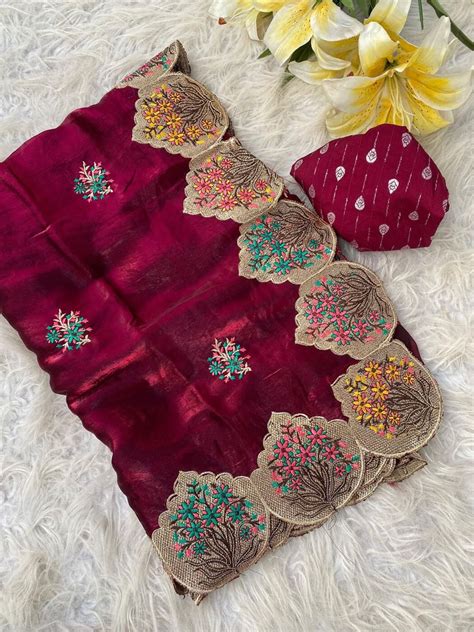 Majesty Maroon Embroidery Work Fendy Silk Saree With Adorning Blouse P ...