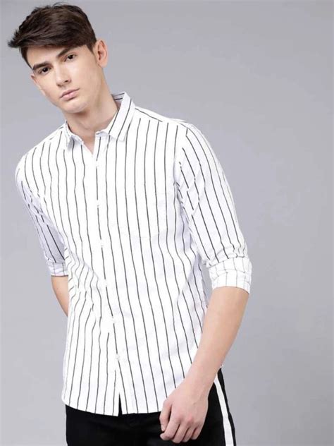 Buy Men's White & Black Striped Slim Fit Shirt
