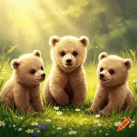 Three fluffy bear cubs sitting in a sunny, grassy field with small ...