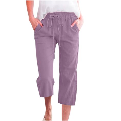 RPVATI Petite Capri Pants for Women Elastic Waist Cotton Linen Summer ...