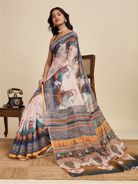 Buy White Linen Saree With Jari Border All Over Single Colour Printed ...