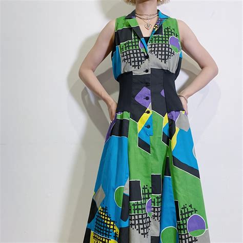 80s green and blue designed sleeveless shirt dress | LEMON