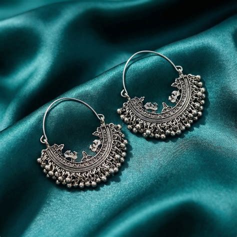 Oxidised Silver Chandbali Crescent Hoop Ghungroo Earrings – Jaipurmohra