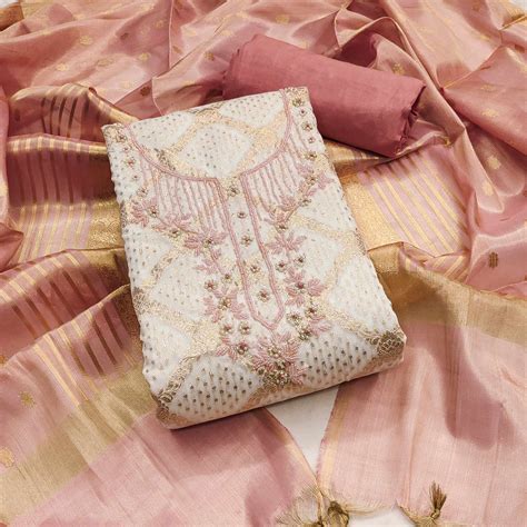 Off white & Pink Woven With Handwork Muslin Dress Material