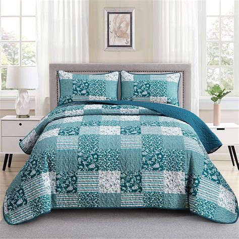 Mybedsoul Teal Blue Quilt Set King Size 3 Pieces Boho Plaid Turquoise ...