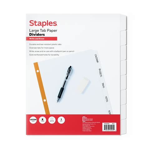 Staples Large Tab Write & Erase Paper Dividers, White, 8-Tabs (ST63046 ...
