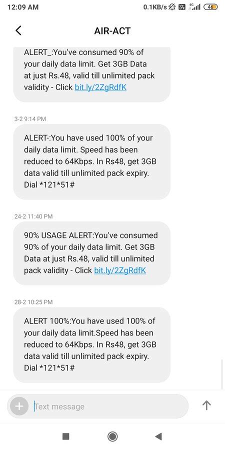 Airtel — data consumption alert messages