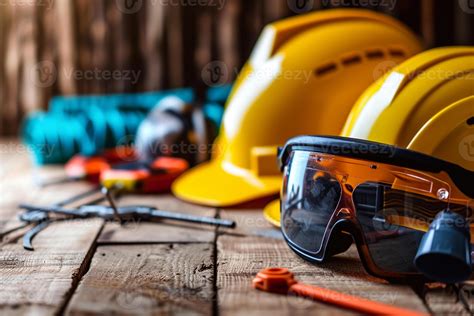 AI generated Standard construction safety equipment on wooden table ...