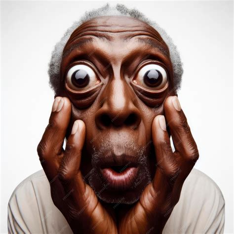 Funny Portrait of surprised senior black man with Huge Eyes wide angle ...