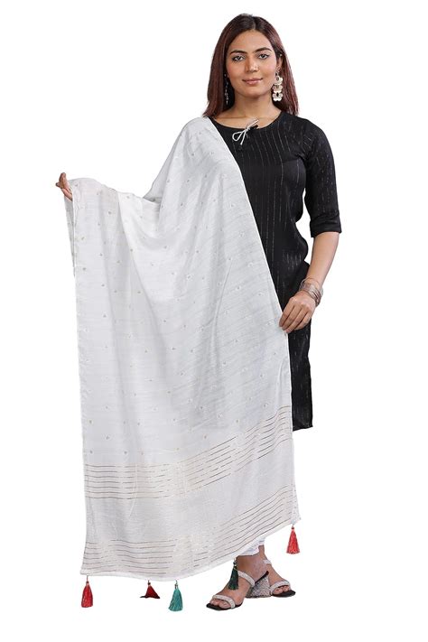 KWINA Women's Viscose Cotton Golden Striped 2.25 Mtr. Off-White Dupatta ...