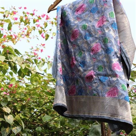 Grey Pure Katan Silk Banarasi Handloom Dupatta - Tilfi