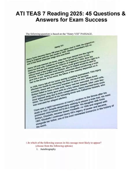 ATI TEAS 7 Reading 2025: 45 Questions & Answers for Exam Success - ATI ...