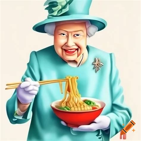 Watercolor painting of Queen Elizabeth II enjoying ramen noodles with chopsticks on Craiyon