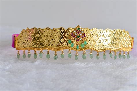 Gold tone pink-green-white kundan jadau flower waist band dj-52185 ...