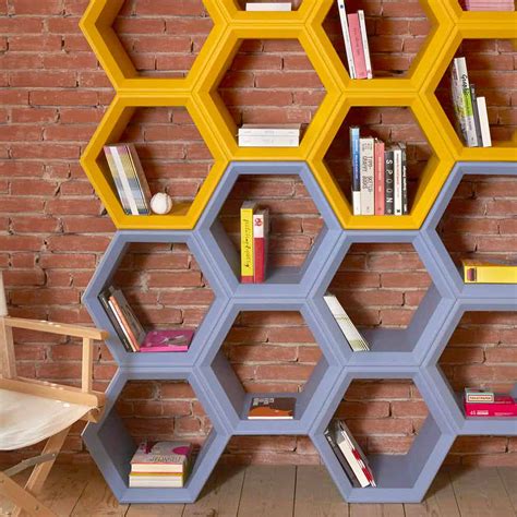 Colored wall bookshelf with cells Slide Hexa, produced in Italy