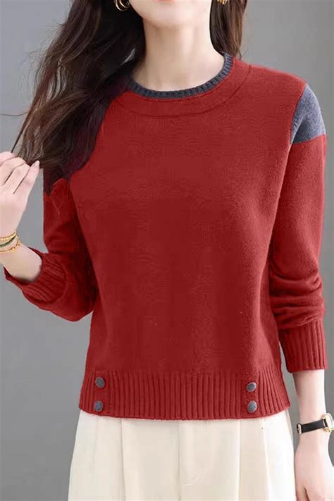 Casual Versatile Crew Neck Pullover Color-Block Knitted Top – liwisi