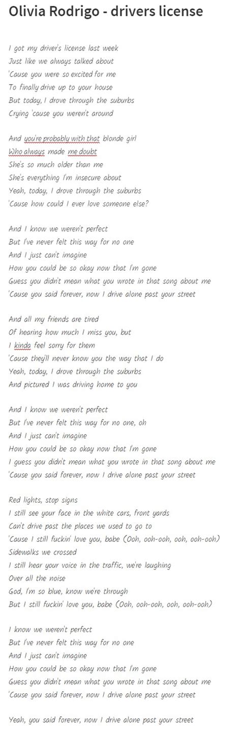 Image result for Drivers License Lyrics Clean Version