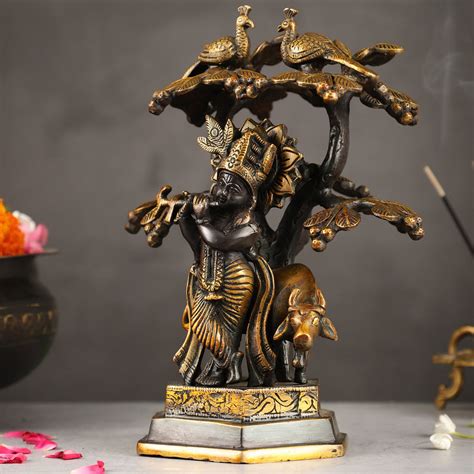 Buy Superfine Brass Lord Krishna with Cow Under Kalpavriksha Tree Idol ...