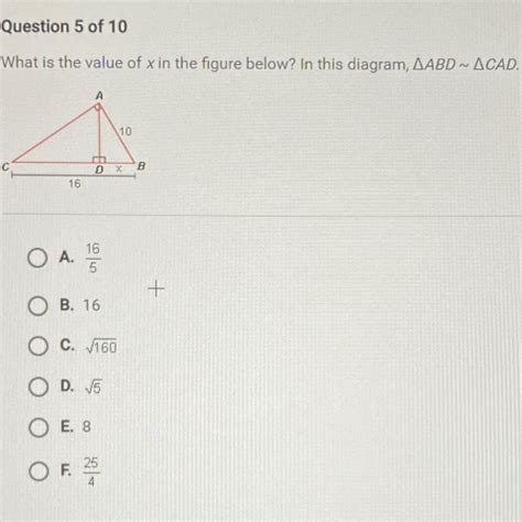 What is the value of x in the figure below? In this diagram, ABD ~ CAD ...