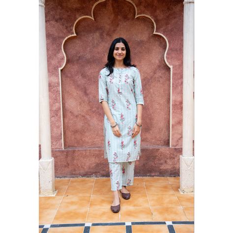 Floral Stripe Straight Kurti Set – 21C