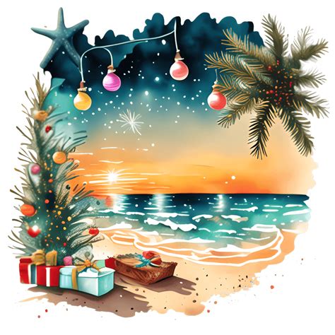 Beach Scene with Christmas Tree and Lights · Creative Fabrica