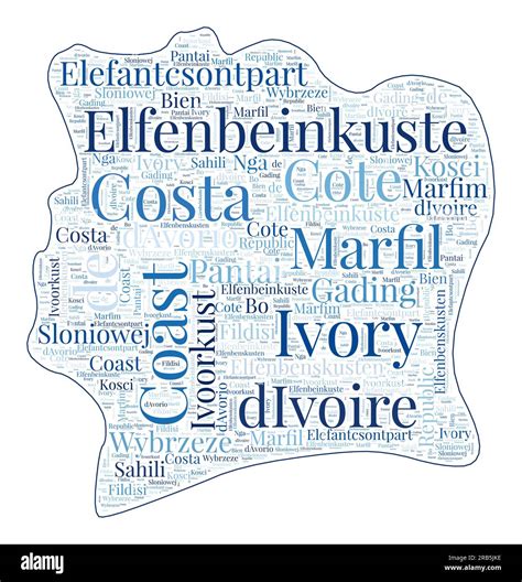 Ivory Coast shape filled with country name in many languages. Ivory Coast map in word cloud ...