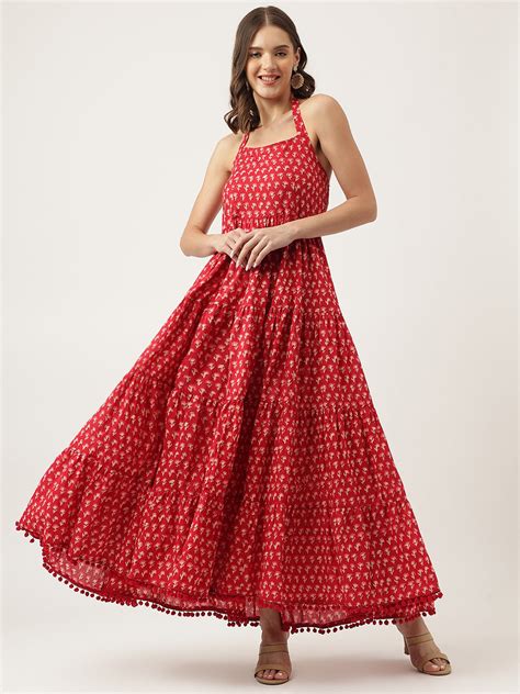 Divena Red Floral Printed Cotton Halter Neck Ethnic Tiered Dress ...