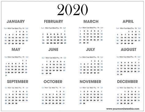 12 Month 2020 Printable Calendar With Holidays - Riset