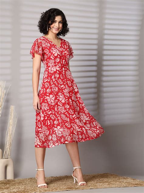 Women Floral Print Flutter Sleeve Fit & Flare Midi Dress – CINK