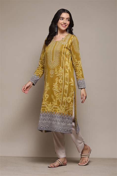 Mustard Poly Cotton Straight Yarndyed Kurta at Biba India