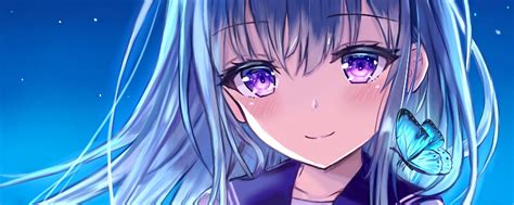 Download wallpaper 2560x1024 girl, glance, smile, anime, art, blue ...