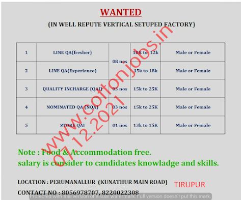 PART 3 (07.12.2021) LATEST UPDATED TIRUPUR GARMENTS JOBS WANTED LIST ...