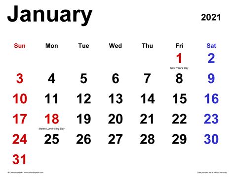 January 2021 Calendar