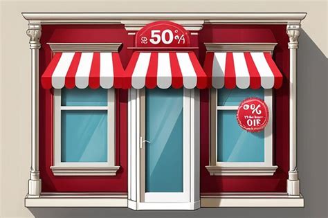 50 percent off on shopping store window with red and white window shade ...