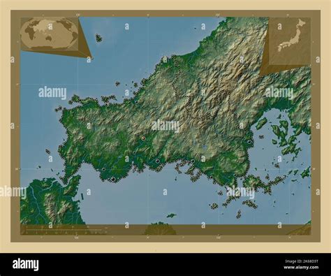 Yamaguchi, prefecture of Japan. Colored elevation map with lakes and rivers. Locations of major ...