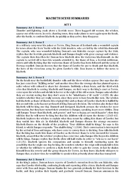 Macbeth (ENG 203) Act Summaries: Scenes 1-4 Overview and Analysis - Studocu