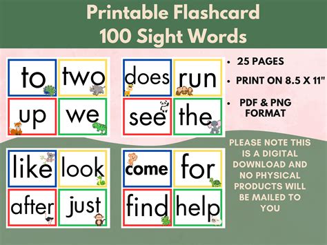 Printable Flashcard,100 Sight Words, Preschool, Kindergarten ...